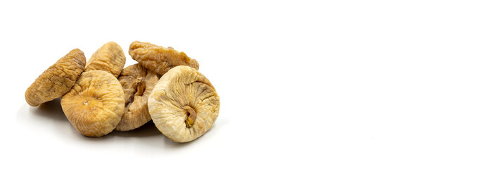 Dried figs isolated on white background. Tasty snack figs. Empty space for text. Copy space