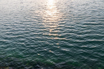 The background, the waves of the sea, and the sunset.