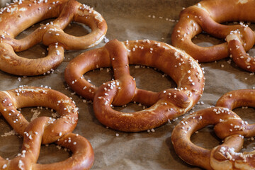 Selbstgebackene Brezeln / Bretzel auf einem Backpapier (Tiefkühlkost frisch aufgebacken)