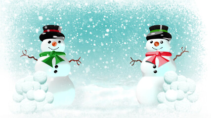 Two waving snowmen. 3D Cartoon illustration with copy space. Also available as an animation - search for 197510380 in Videos.