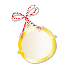 Blanko Schellenglöckchen Karte mit goldenem Rand, gebunden mit rot-weiße Kordschleife, 
Etikett oder Geschenkanhänger, 
Vektor Illustration isoliert auf weißem Hintergrund
