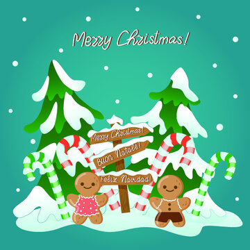 christmas card with pine tree, gingerbread men, christmas road marker, candy canes and snowfall on turquoise background
