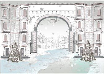 Series of street views in the old city. Hand drawn vector architectural background with historic buildings. Black & white sketch - 469481412