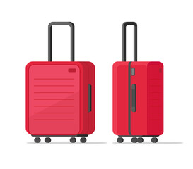Luggage travel red suitcase or airport trolley bag baggage with handle vector isolated on white background clipart in flat cartoon style, plastic wheel case object 3d cut out illustration