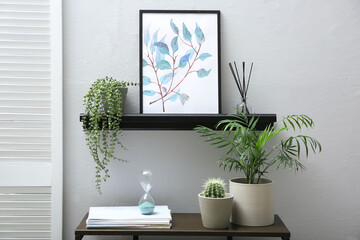 Beautiful potted plants and different accessories near grey wall indoors. Interior design