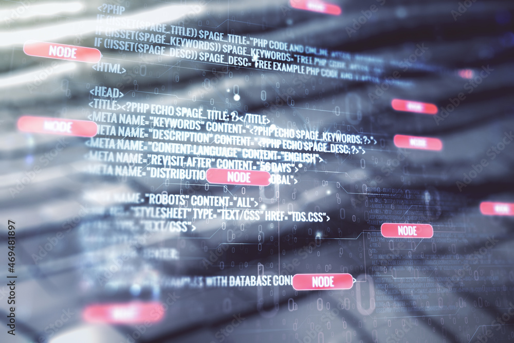 Poster abstract virtual coding concept on blurry abstract metal background. multiexposure