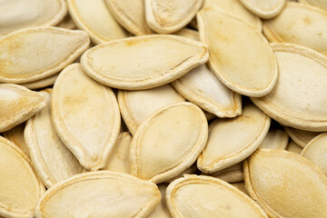 Close-up pumpkin seeds. food background. Snack Fresh Nuts.
