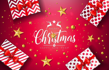 Merry Christmas and Happy New Year Illustration with Gift Box, Gold Glass Ball, Star and Typography Elements on Red Background. Vector Holiday Design for Flyer, Greeting Card, Banner, Celebration