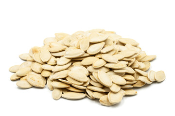 Pumpkin seeds isolated on white background. Snack fresh nuts. close-up nuts