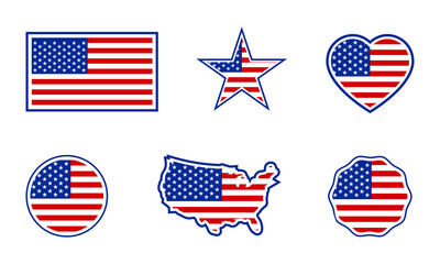 usa flag in different shapes icons set, national symbol of the United States of America