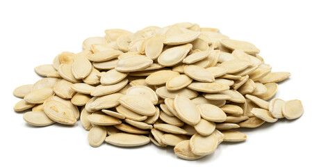 Pumpkin seeds isolated on white background. Snack fresh nuts. close-up nuts