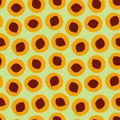 Halved apricot seamless pattern with pits. Vector
