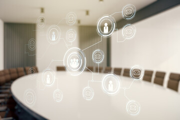 Abstract virtual social network hologram on a modern coworking room background. Double exposure