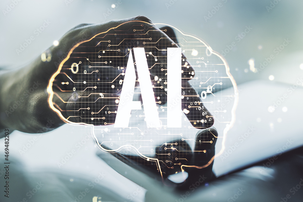 Poster double exposure of creative human brain microcircuit and hand working with a digital tablet on backg