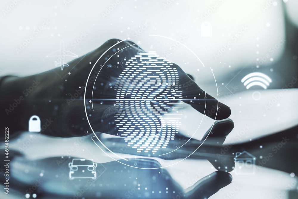 Aufkleber Double exposure of abstract creative fingerprint hologram with finger clicks on a digital tablet on background, research and development concept