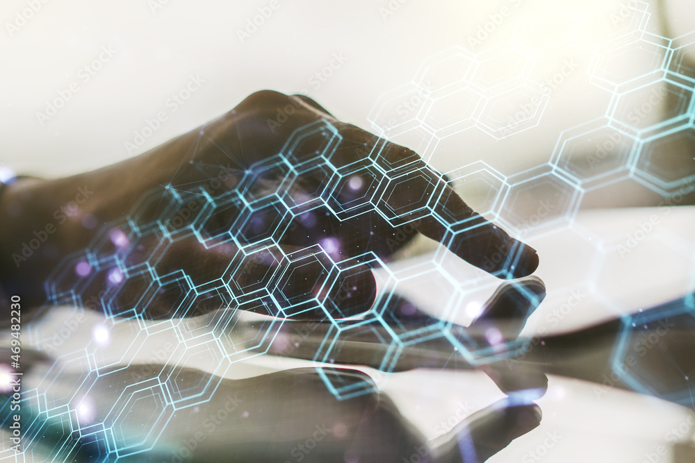 Aufkleber creative abstract technology sketch with hexagon grid and hand working with a digital tablet on back