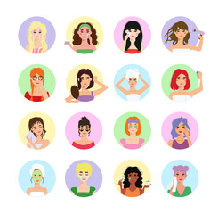Collection of isolated illustrations with girls caring for face and hair. Removing blackheads, applying a mask, washing hair, make-up.