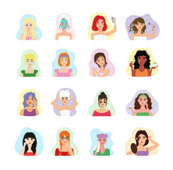 Collection of isolated illustrations with girls caring for face and hair. Removing blackheads, applying a mask, washing hair, make-up.