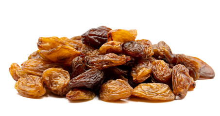Dried raisins isolated on a white background. Snack fresh nuts. close-up nuts