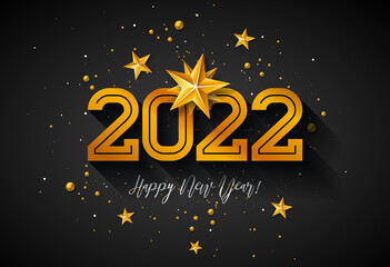 Obraz na płótnie Canvas Happy New Year 2022 Illustration with Number and Gold Star on Black Background. Vector Christmas Holiday Season Design for Flyer, Greeting Card, Banner, Celebration Poster, Party Invitation or