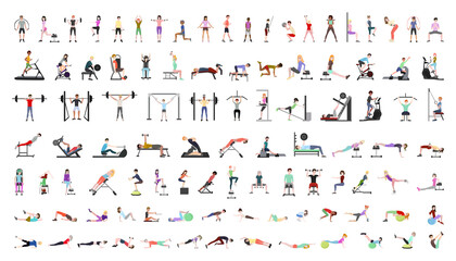 Vector collection of people in the gym. Characters doing exercises with sports equipments.
