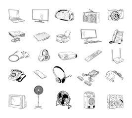 Collection of monochrome illustrations of household appliances in sketch style. Hand drawings in art ink style. Black and white graphics.