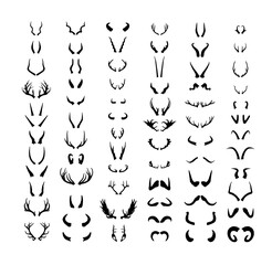 Set of horns of different animals. Black silhouettes of horns isolated on a white background. - obrazy, fototapety, plakaty
