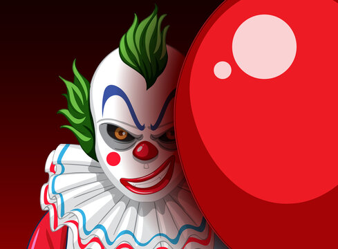 Creepy clown face peeking out from behind balloon