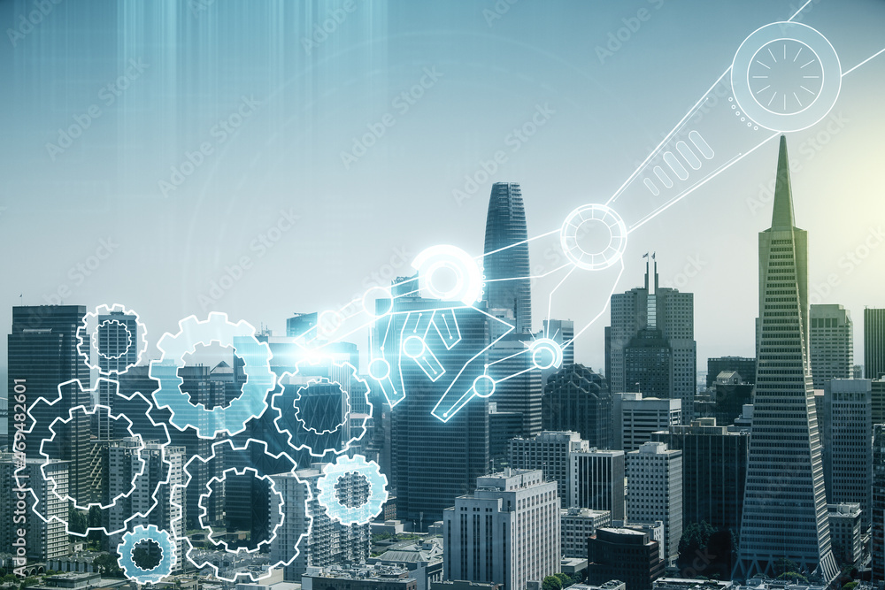 Aufkleber double exposure of abstract virtual robotics technology hologram on san francisco city skyscrapers b