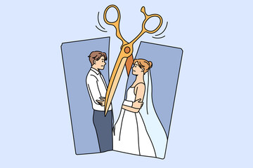 Breaking up and divorce concept. Photo of young married couple cartoon characters standing hugging and scissors cutting photo into pieces vector illustration 