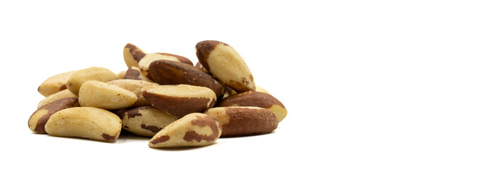 Brazil nut isolated on white background. Snack nuts. Close-up. Empty space for text. Copy space