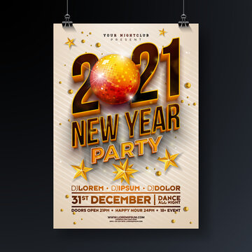 New Year Party Celebration Poster Template Design with 3d 2020 Number and Disco Ball on Bright Background. Vector Holiday Premium Illustration for Invitation, Flyer or Promo Banner.