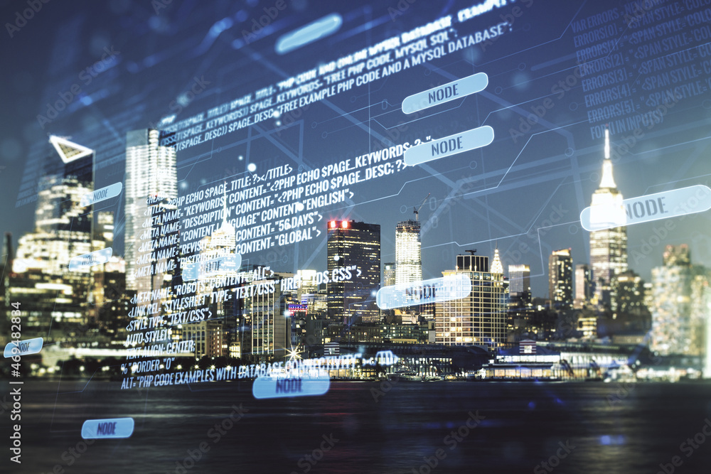 Poster abstract virtual coding illustration on new york cityscape background, software development concept.