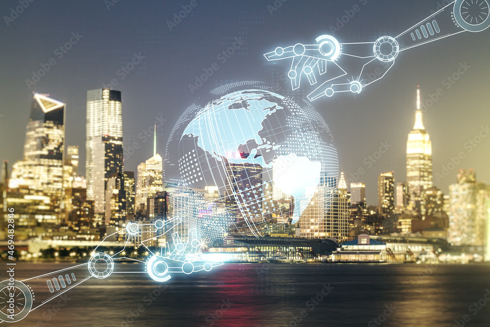 Aufkleber abstract virtual robotics technology hologram with globe on new york cityscape background, artificia