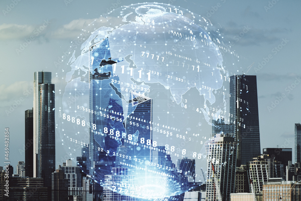 Poster multi exposure of abstract graphic coding sketch and world map on manhattan cityscape background, bi
