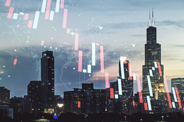 Double exposure of abstract virtual global crisis chart and world map hologram on Chicago city skyscrapers background. Financial crisis and recession concept