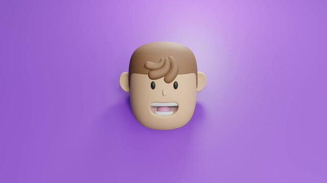 3d render cartoon man with smiley face appears from purple neon background. Metaverse avatar concept. Virtual reality future life. avatar individuality 