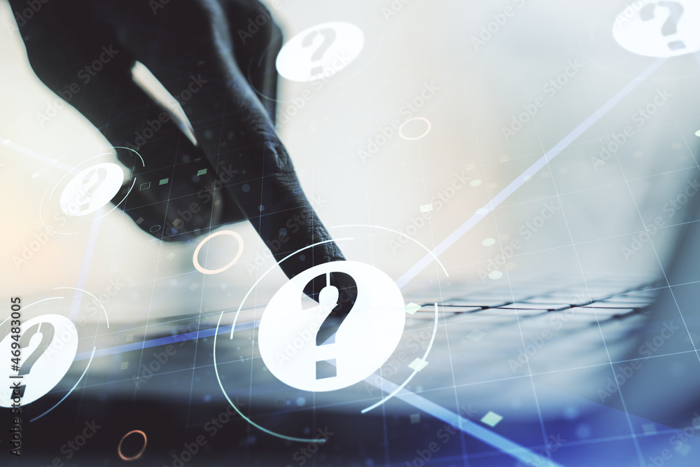 Aufkleber creative abstract question mark hologram and hands typing on computer keyboard on background, future