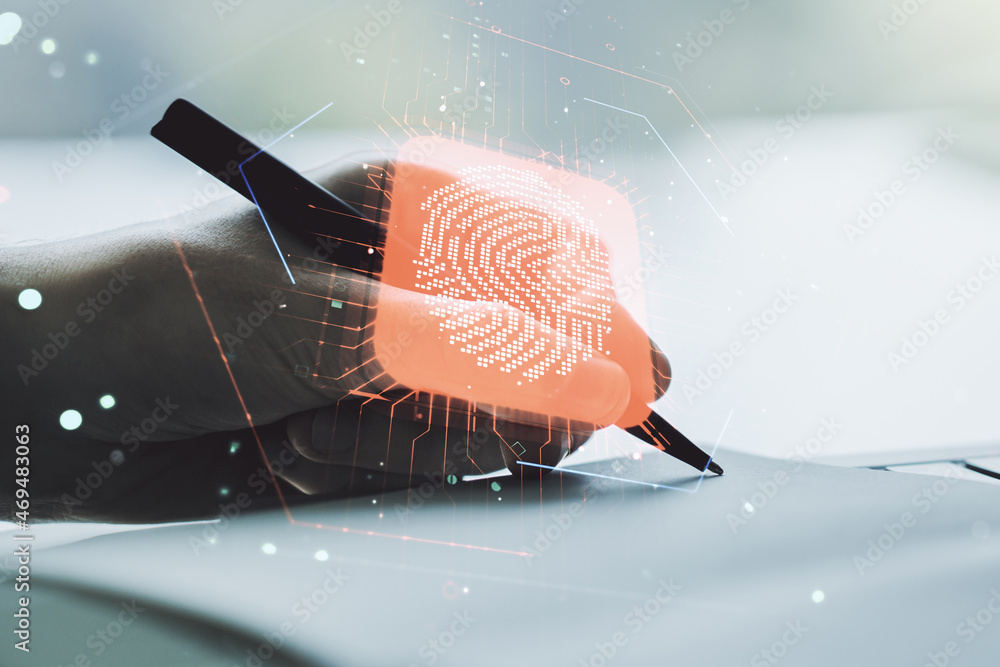 Poster multi exposure of abstract fingerprint scan interface with man hand writing in notepad on background