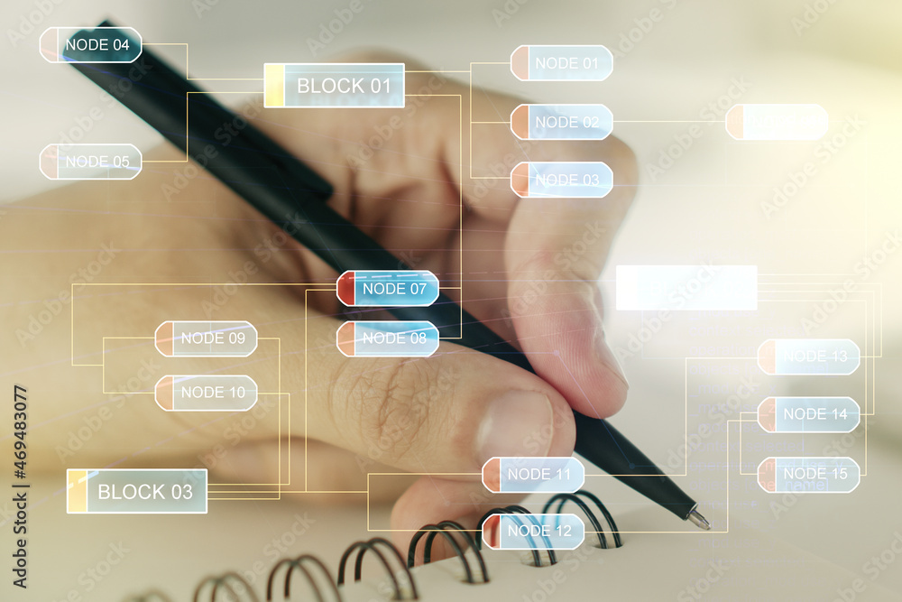 Poster double exposure of abstract programming language with man hand writing in notebook on background, re