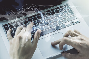 Double exposure of abstract digital world map with connections and hands typing on laptop on background, research and strategy concept