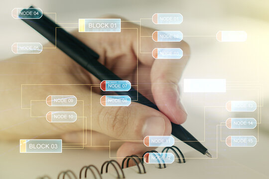 Double exposure of abstract programming language with man hand writing in notebook on background, research and development concept