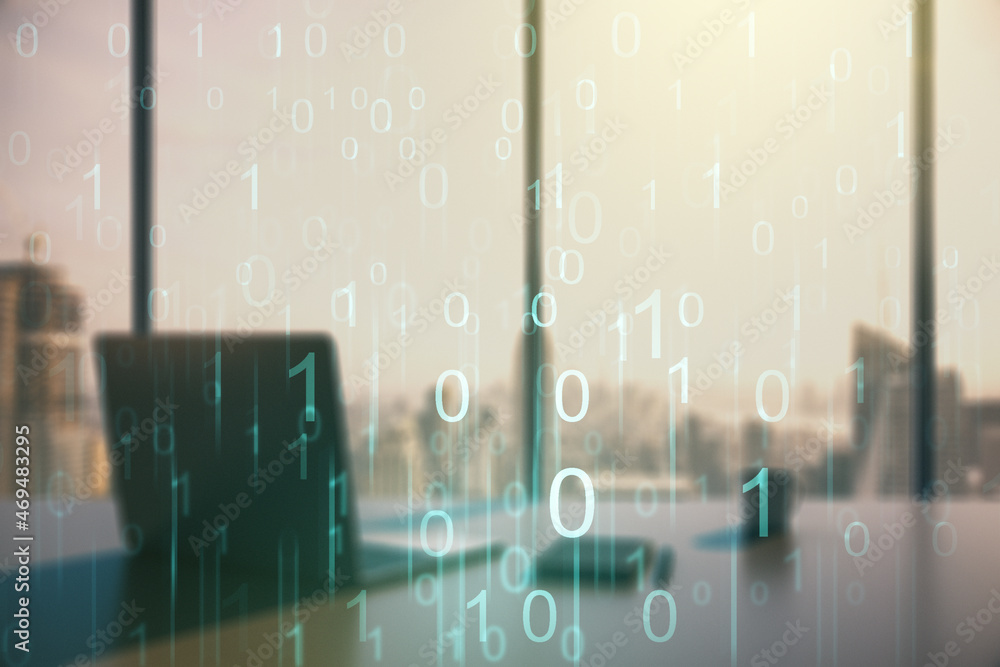 Poster creative abstract binary code hologram and modern desktop with pc on background, ai and machine lear