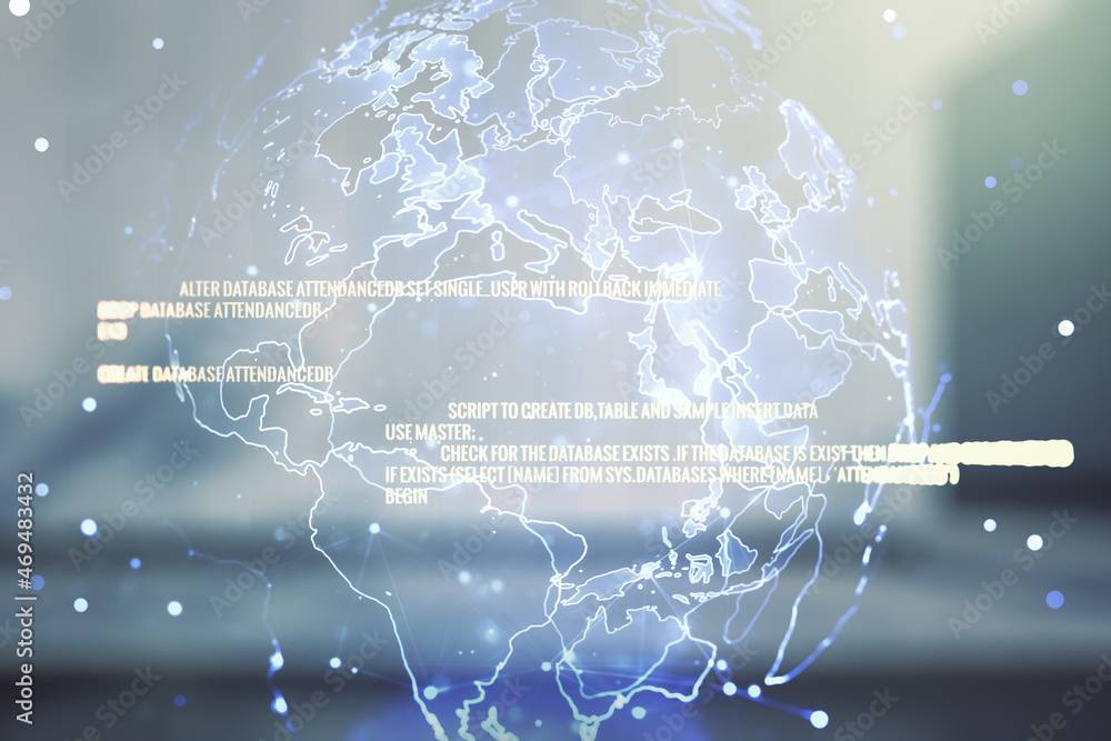 Aufkleber abstract virtual coding illustration and world map on blurry contemporary office building background