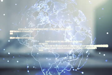 Abstract virtual coding illustration and world map on blurry contemporary office building background, international software development concept. Multiexposure