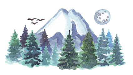 Fototapeta premium Forest and mountains. Watercolor illustration. Hand drawn