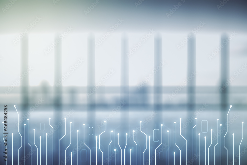 Aufkleber double exposure of abstract virtual circuit hologram on empty modern office background. research and