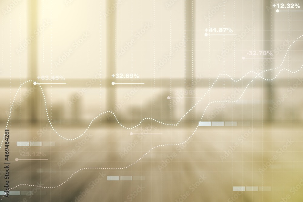 Poster multi exposure of creative statistics data hologram on empty modern office background, stats and ana