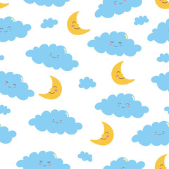 Seamless pattern of blue smiling clouds and moon on white background. Cartoon character in flat style. Vector illustration