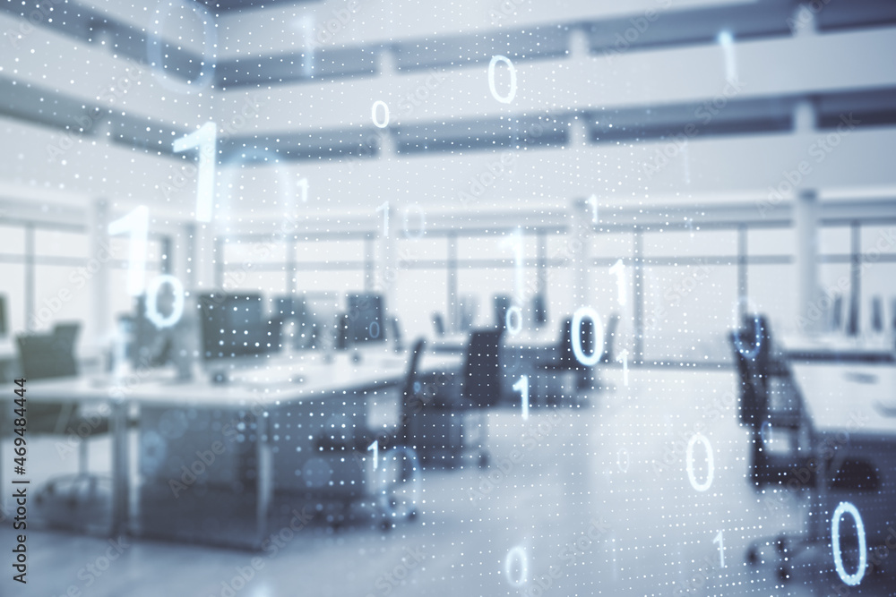 Poster double exposure of abstract virtual binary code hologram on modern corporate office background. data